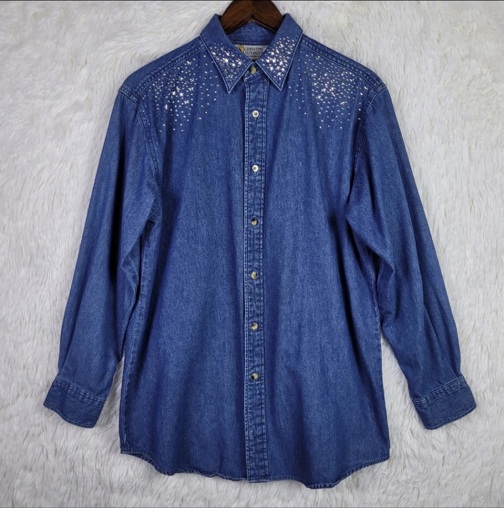 Christine Alexander‎ Sequins Long Sleeve Soft Denim Shirt Womens M USA